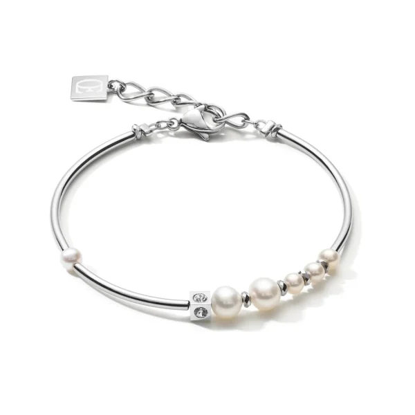 COEUR DE LION Armband Asymmetrie Süßwasserperlen & Edelstahl Weiß-Silber- Perlenarmbänder