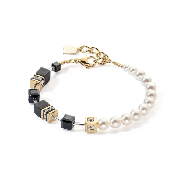 COEUR DE LION Geocube® Precious Fusion Pearls Armband Schwarz-Gold- Echter Stein