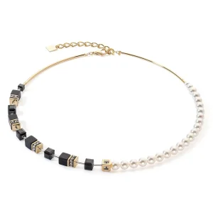 COEUR DE LION Geocube® Precious Fusion Pearls Halskette Schwarz-Gold- Echter Stein