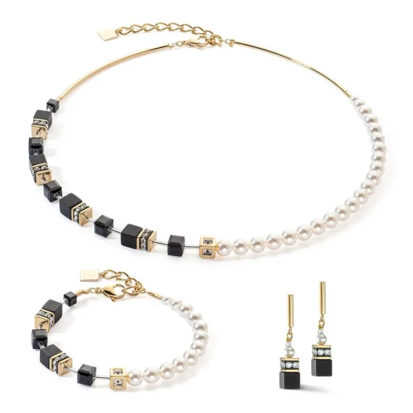 COEUR DE LION Geocube® Precious Fusion Pearls Ohrringe Schwarz-Gold- Echter Stein