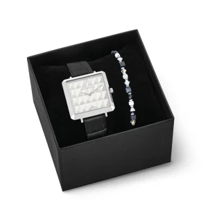 COEUR DE LION Geschenkset: Uhr Iconic Cube Spikes Schwarz & Armband Princess Shape Mix Schwarz-Weiß- Uhren