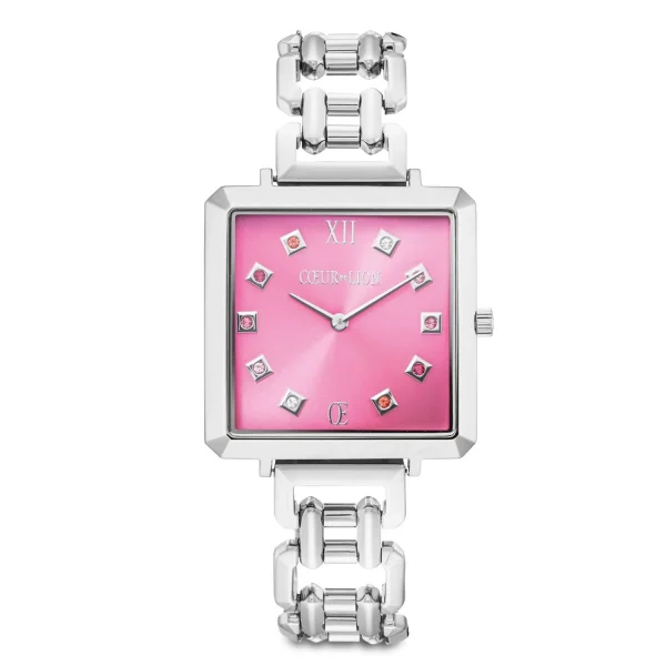 COEUR DE LION Geschenkset: Uhr Iconic Cube Viva Magenta Silber & Geocube® Iconic Armband Viva Magenta- Uhren