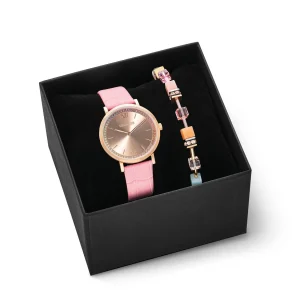 COEUR DE LION Geschenkset: Uhr Round Pastel Lovers Pink & Geocube® Iconic Armband Aqua-Apricot- Uhren