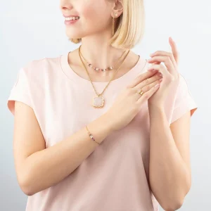 COEUR DE LION Halskette Amulett Spikes Quadrat Rosenquarz Gold-Rosa- Edelsteinketten