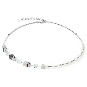 COEUR DE LION Halskette Geocube® Fusion Precious Pearl Mix Silbergrau- Echter Stein