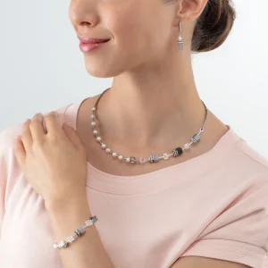 COEUR DE LION Halskette Geocube® Fusion Precious Pearl Mix Silbergrau- Echter Stein