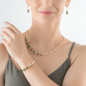 COEUR DE LION Halskette Geocube® Fusion Precious Pearl Mix Gold-Grün- Geocube® Echtstein