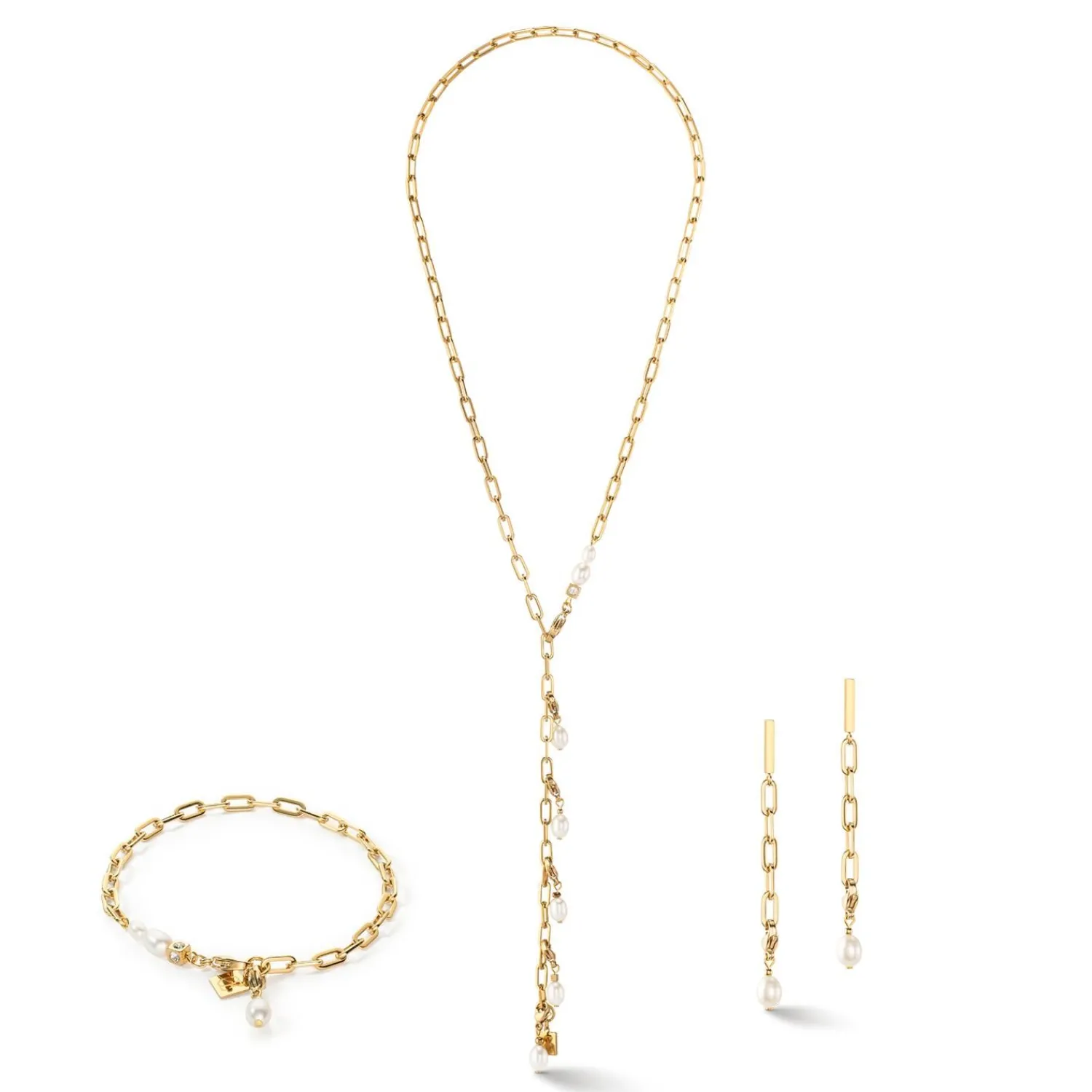 modernes_kettenarmband_mi_1.webp COEUR DE LION Modernes Kettenarmband mit Süßwasserperlenanhängern in Gold- Hochzeit