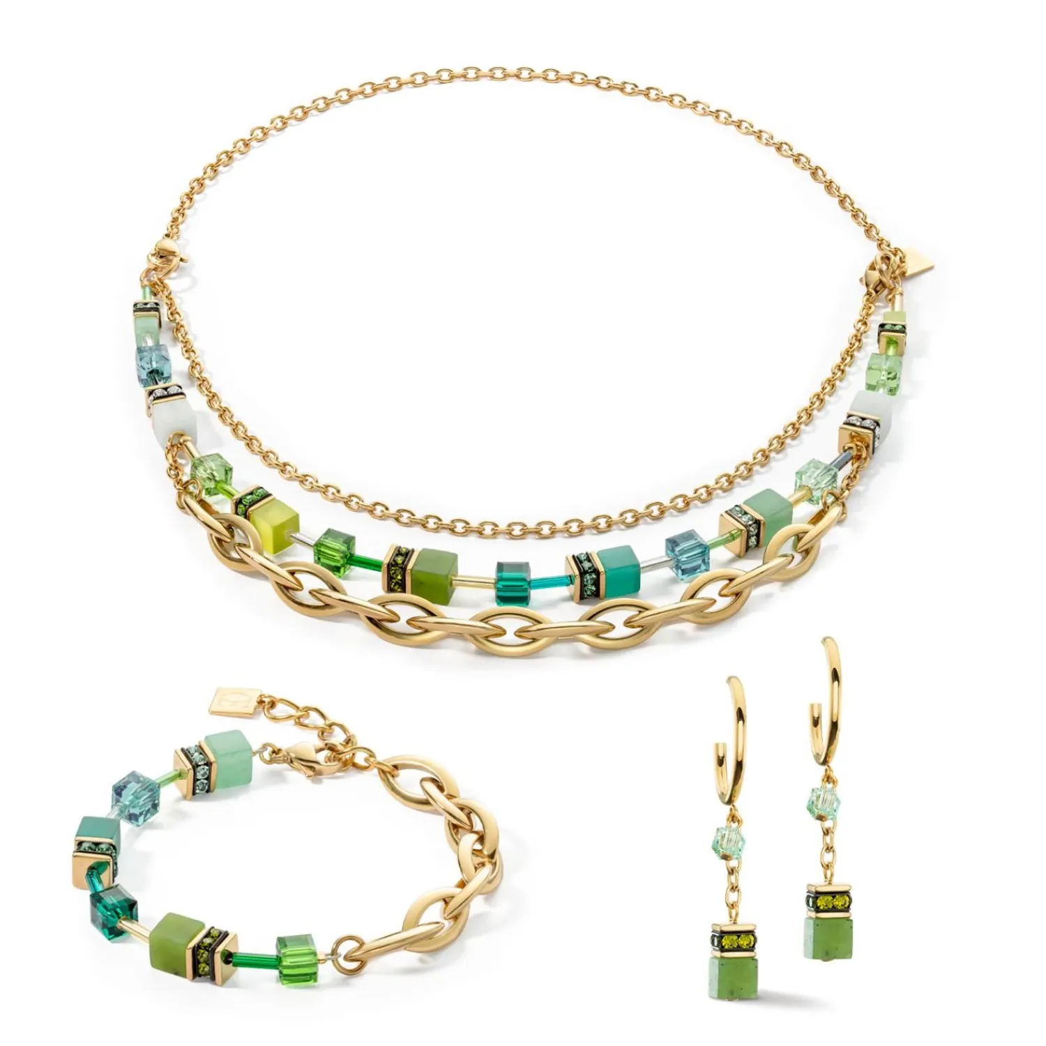 ohrringe_creolen_geocube__1-5.webp COEUR DE LION Ohrringe Creolen Geocube® Festliche Schicht Gold-Grün- Creolen