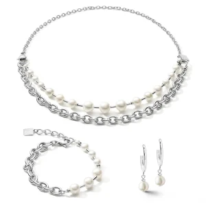 COEUR DE LION Ohrringe, kreolische Süßwasserperlen und dicke Kette, 4-in-1, Weiß-Silber- Hochzeit