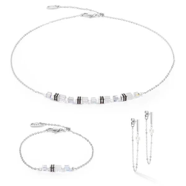 COEUR DE LION Ohrringe Mini Cubes & Kette Silber-Weiß- Ohrstecker