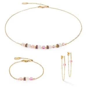 COEUR DE LION Ohrringe Mini Würfel & Kette Gold-Pink- Ohrstecker