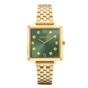 COEUR DE LION Sehen Sie sich die Iconic Square Glamorous Green Stainless Steel Gold an- Uhren