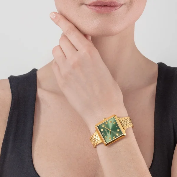 COEUR DE LION Sehen Sie sich die Iconic Square Glamorous Green Stainless Steel Gold an- Uhren